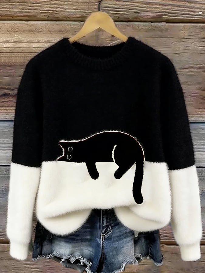 Damen Pullover mit Katzenmotiv und Kontrastfeldern