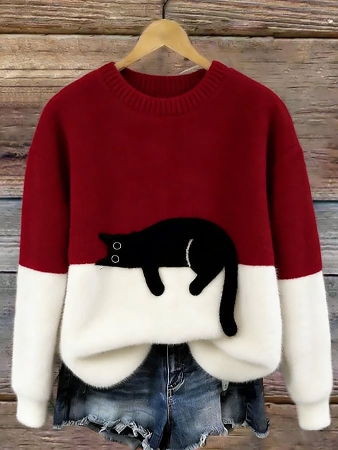 Damen Pullover mit Katzenmotiv und Kontrastfeldern