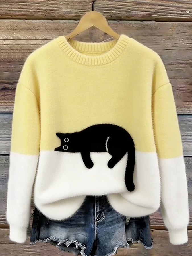 Damen Pullover mit Katzenmotiv und Kontrastfeldern