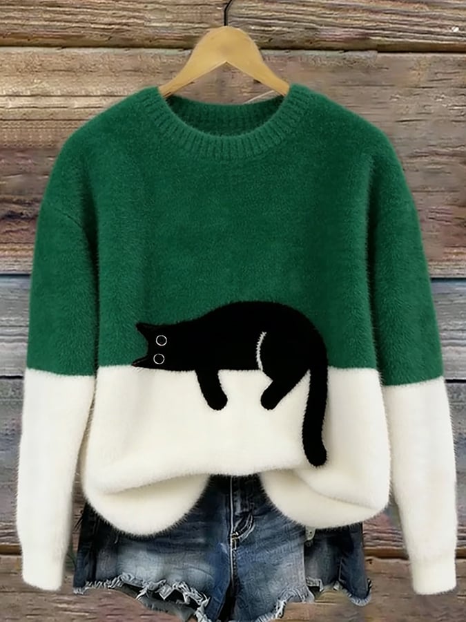 Damen Pullover mit Katzenmotiv und Kontrastfeldern