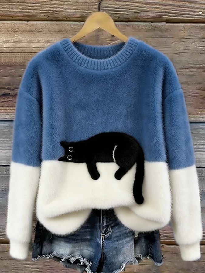 Damen Pullover mit Katzenmotiv und Kontrastfeldern