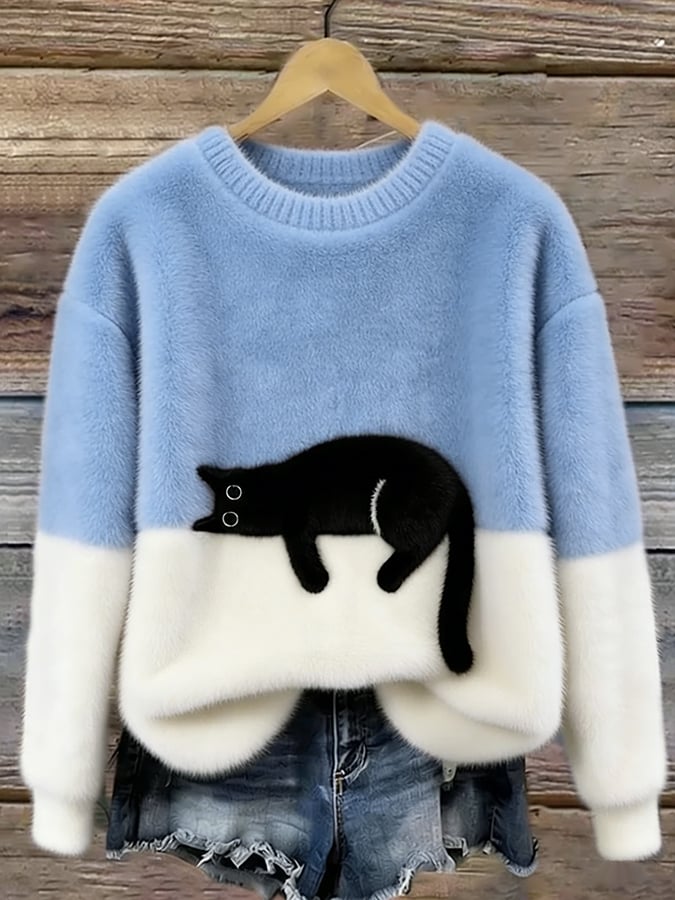 Damen Pullover mit Katzenmotiv und Kontrastfeldern