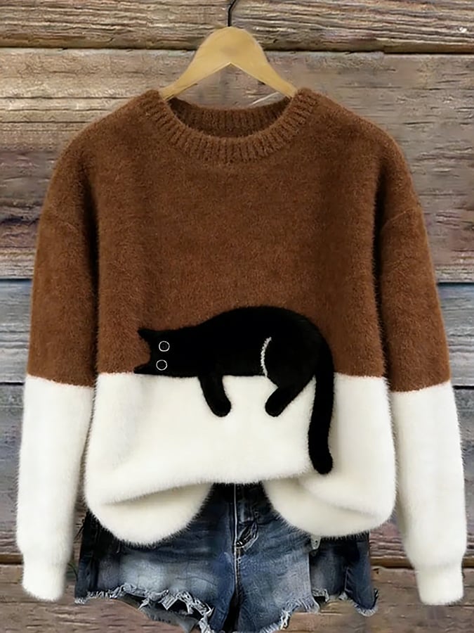 Damen Pullover mit Katzenmotiv und Kontrastfeldern