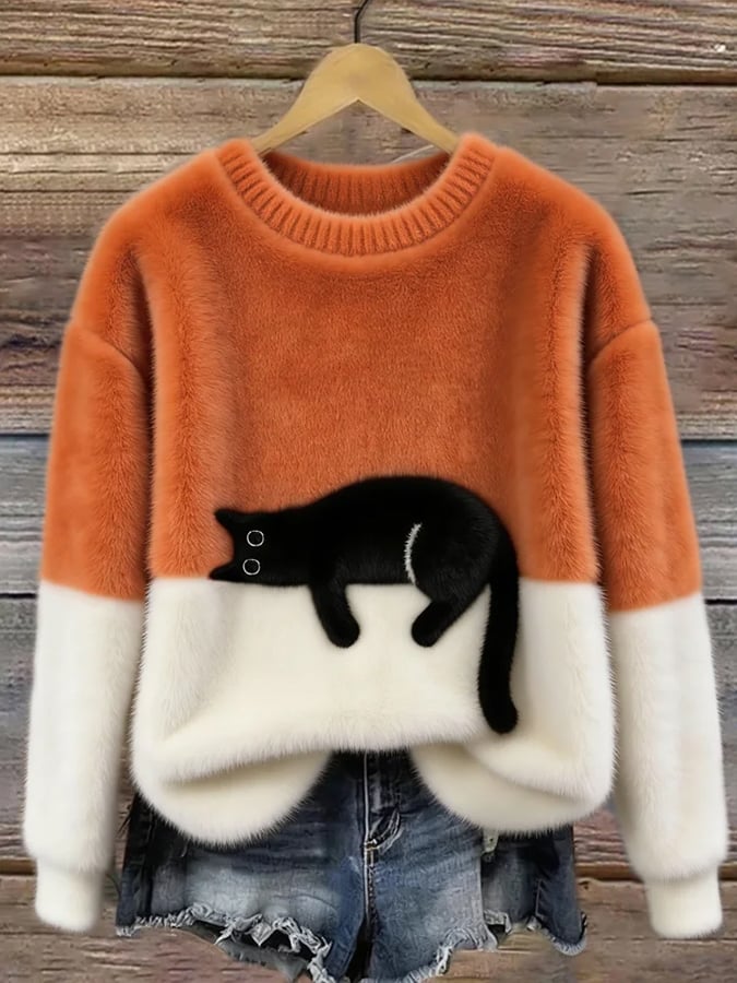 Damen Pullover mit Katzenmotiv und Kontrastfeldern