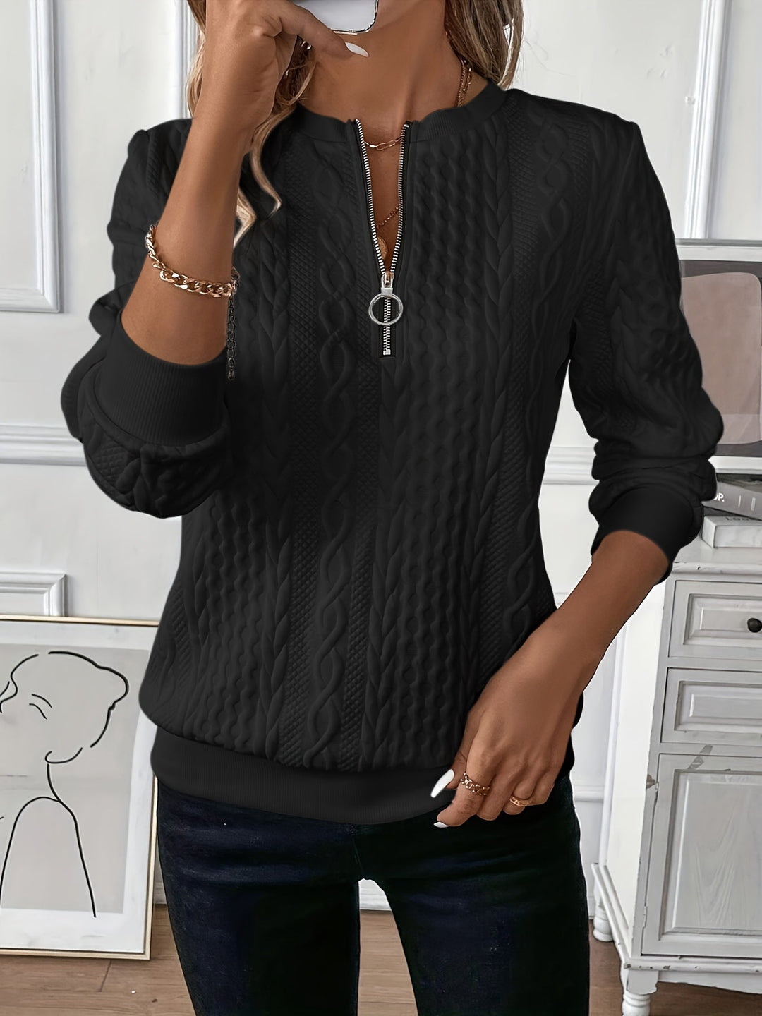 Damen Pullover mit Zopfrelief und kurzem Reissverschluss
