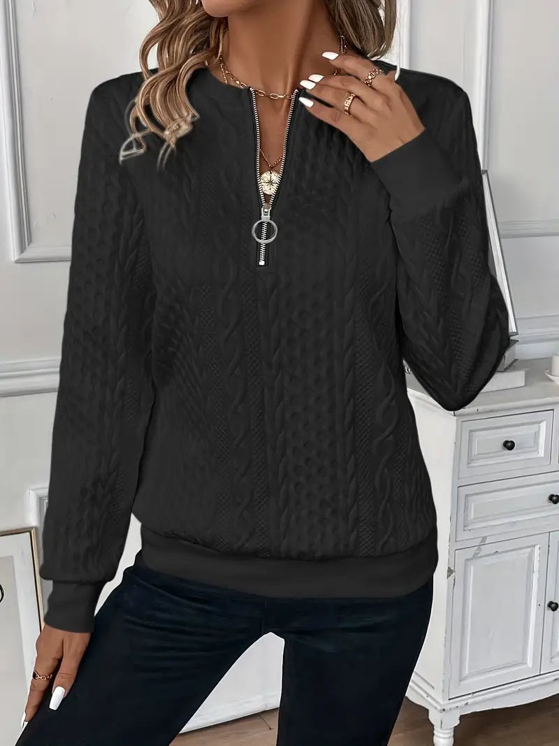 Damen Pullover mit Zopfrelief und kurzem Reissverschluss