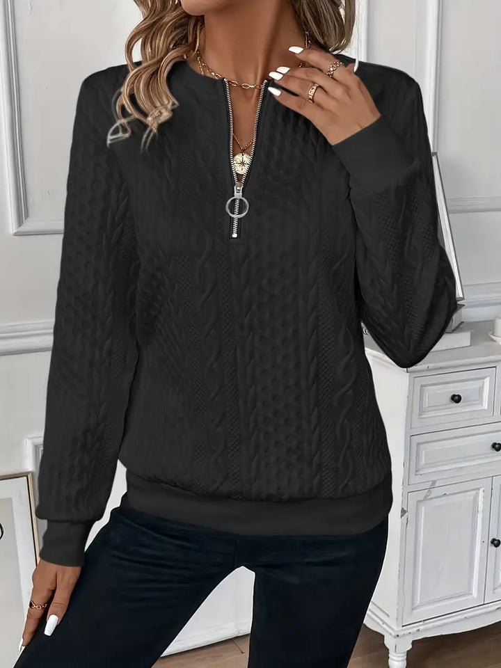 Damen Pullover mit Zopfrelief und kurzem Reissverschluss