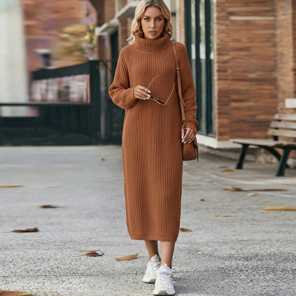 Damen Pulloverkleid mit Rollkragen und Raglanärmeln