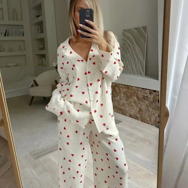 Damen Pyjama mit Herzprint und Hemdkragen