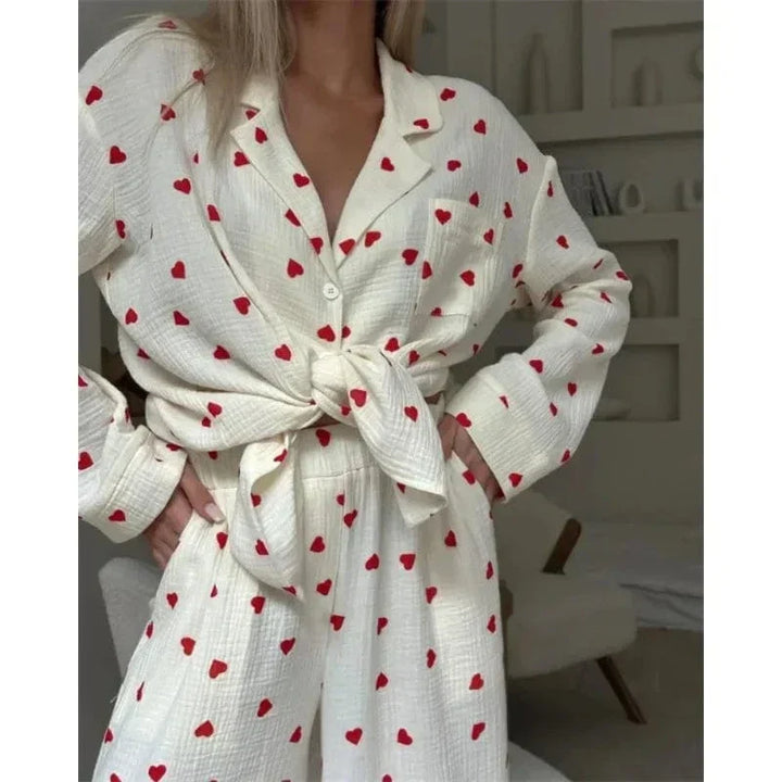 Damen Pyjama mit Herzprint und Hemdkragen