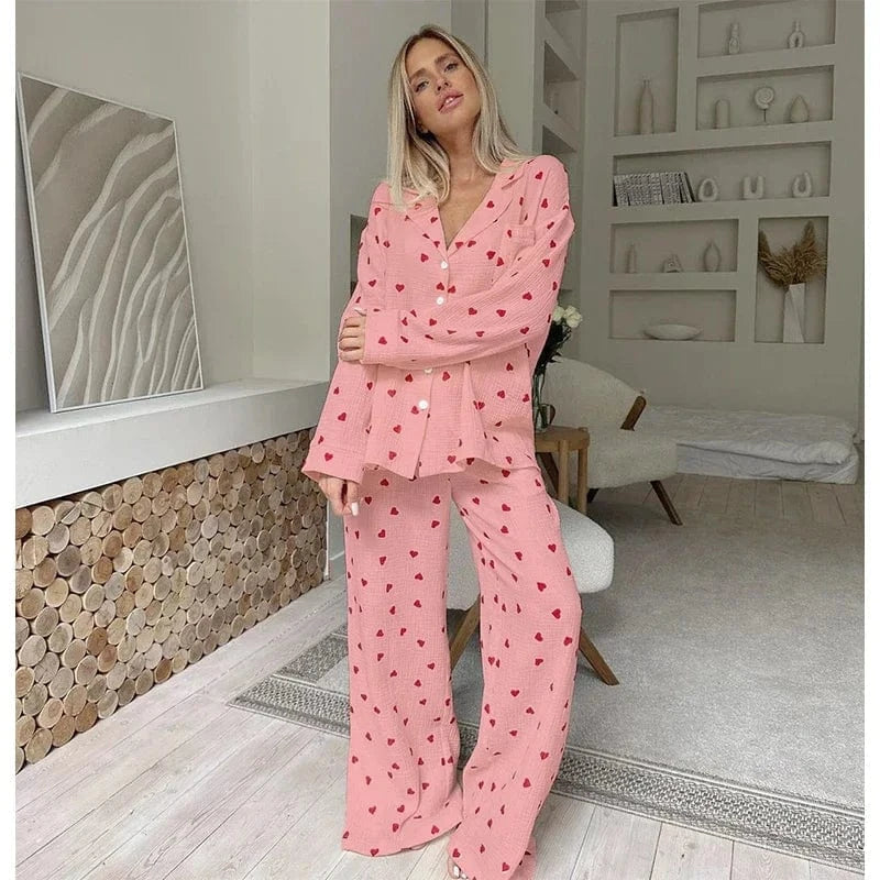 Damen Pyjama mit Herzprint und Hemdkragen