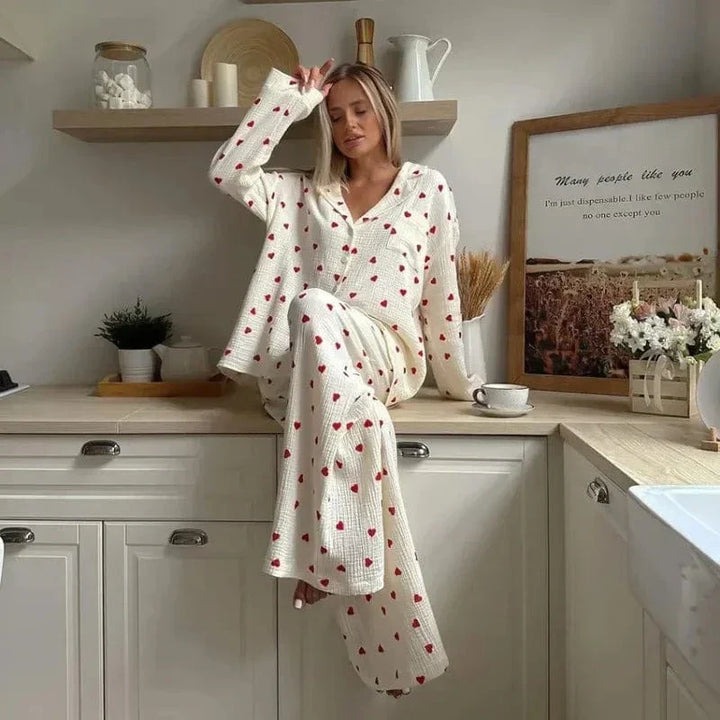 Damen Pyjama mit Herzprint und Hemdkragen