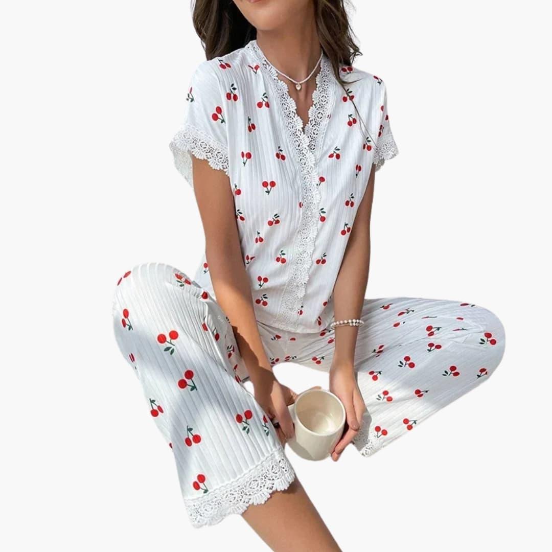 Damen Pyjama mit Kirschprint und Spitze