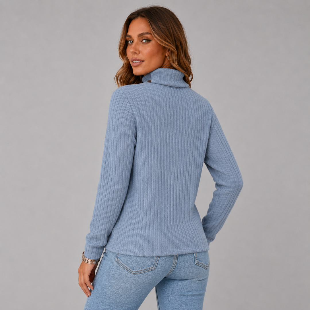 Ribbed Turtleneck Sweater with Side Button Detail