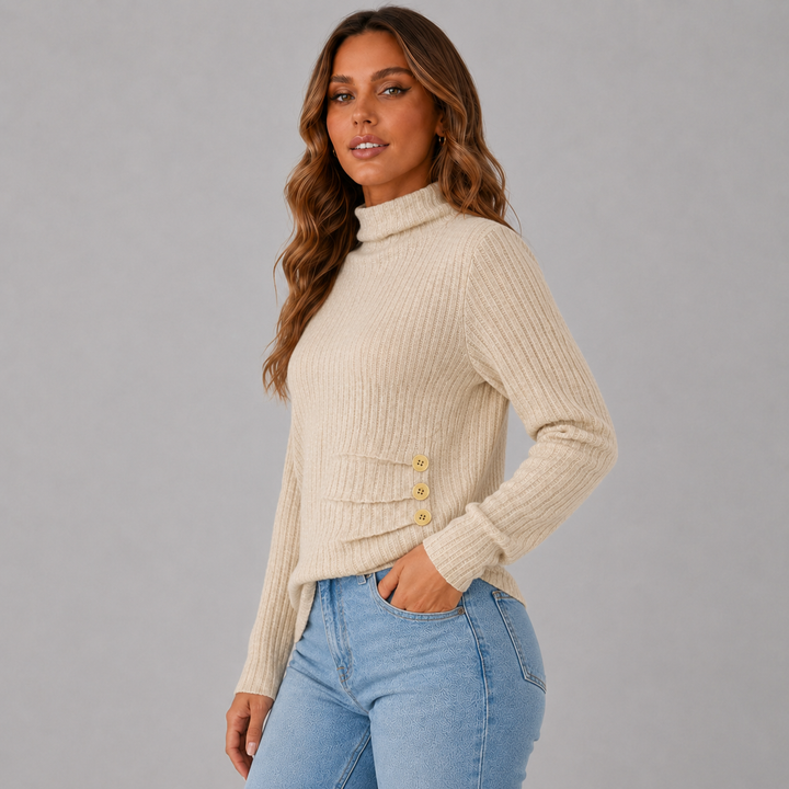 Ribbed Turtleneck Sweater with Side Button Detail