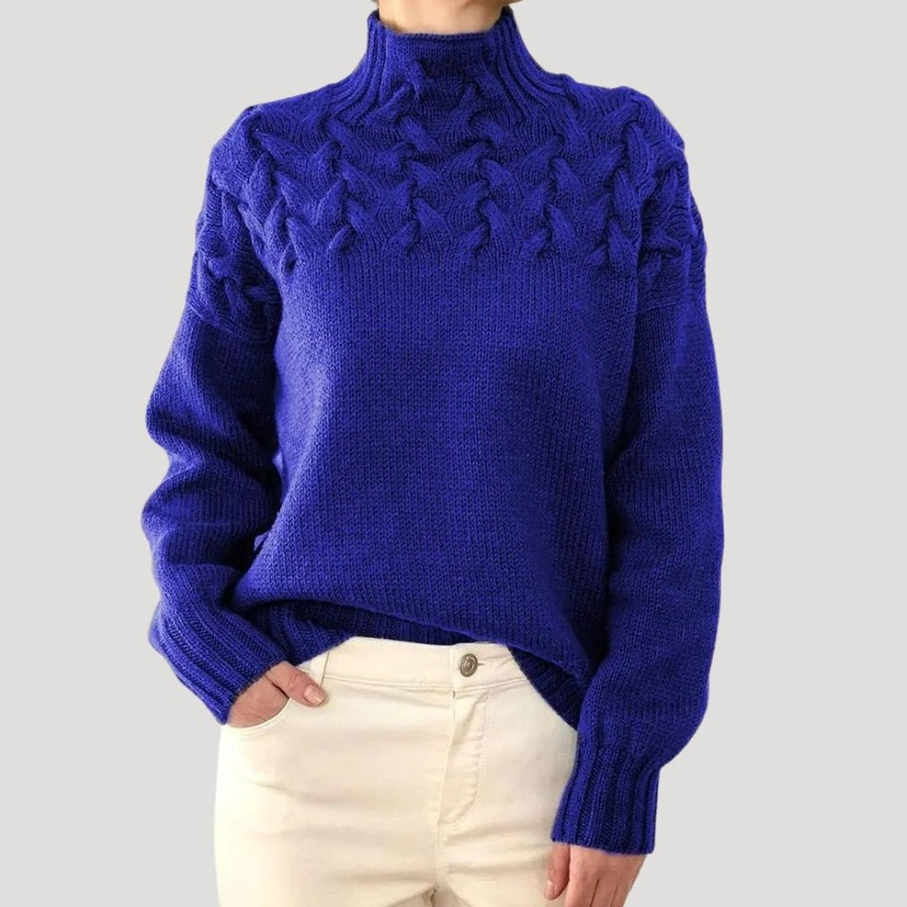 Damen Rollkragenpullover mit Zopfmuster und Rollkragen - Blau