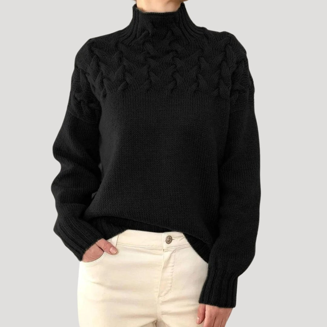 Damen Rollkragenpullover mit Zopfmuster und Rollkragen - Schwarz