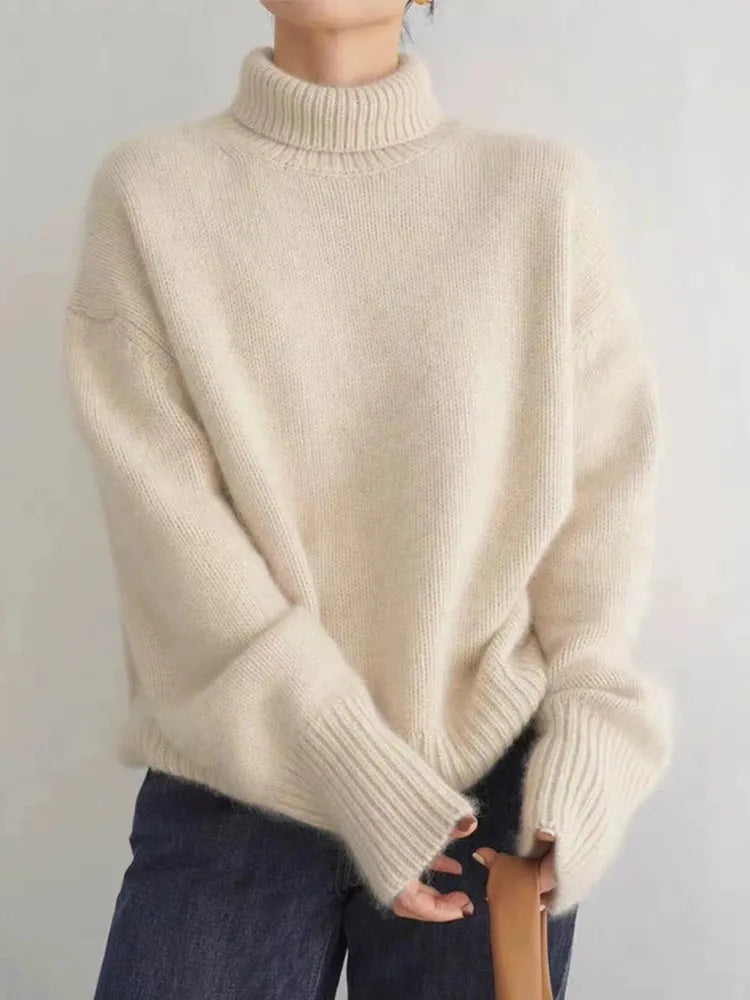 Elegant Women's Cashmere Turtleneck Sweater with High Collar