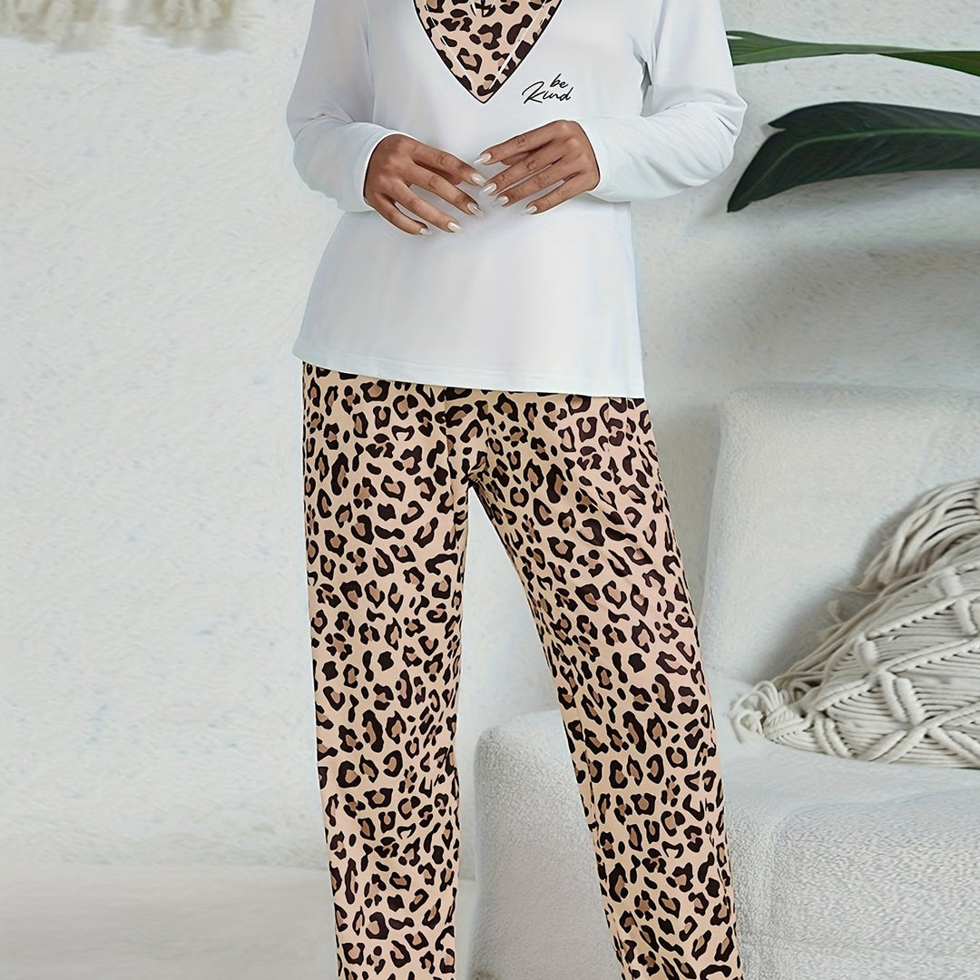 Damen Schlafanzug mit Leopardenhose und Herzmotiv