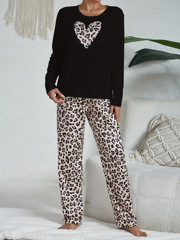 Damen Schlafanzug mit Leopardenhose und Herzmotiv