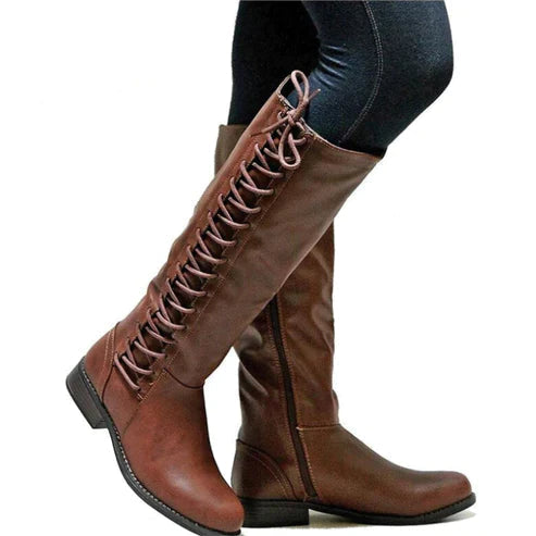Damen Schnürstiefel mit kniehoher Form und rutschfester Sohle - Schwarz