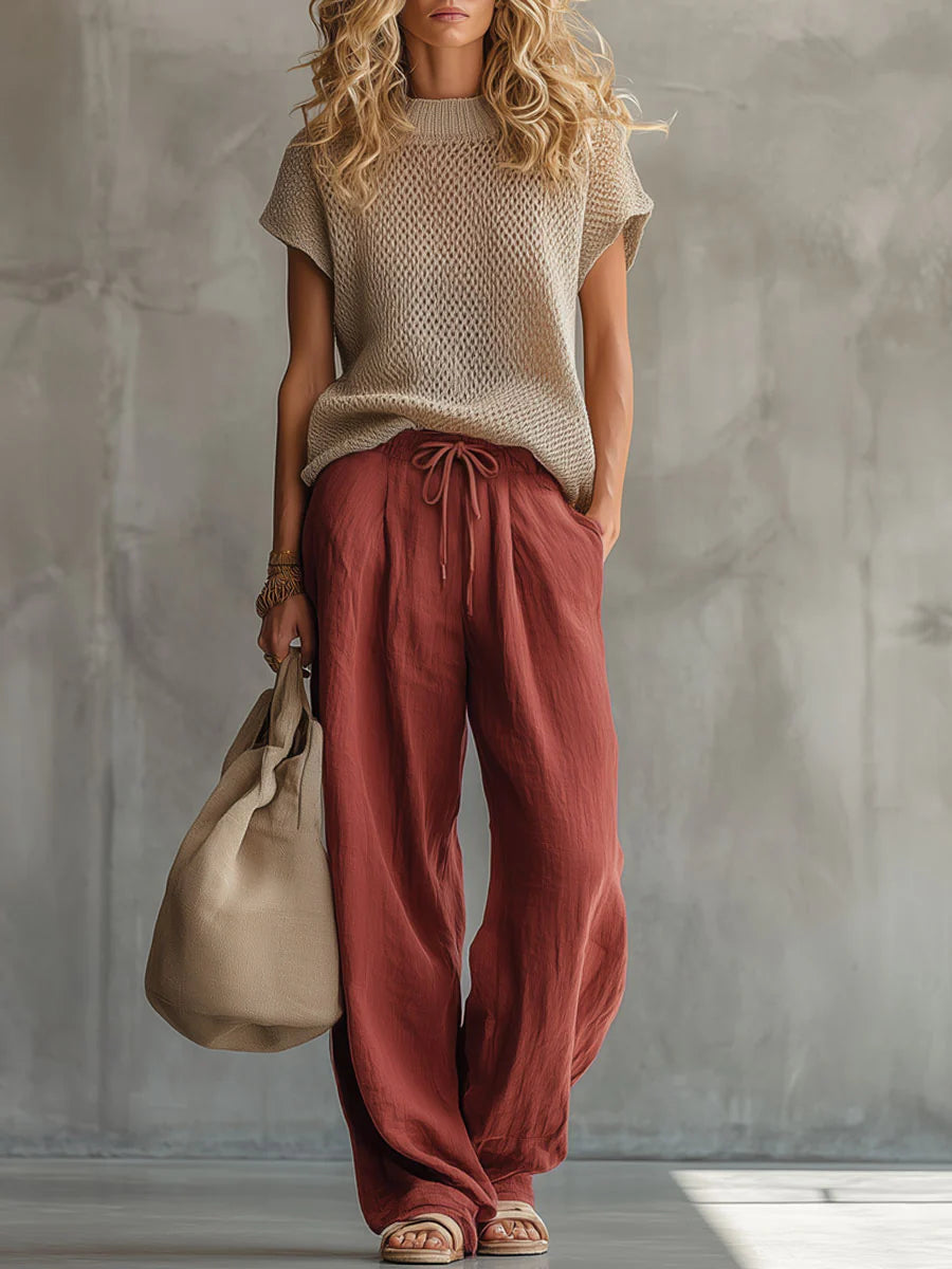Damen Set mit kurzärmeligem Strickpullover und weiter Hose