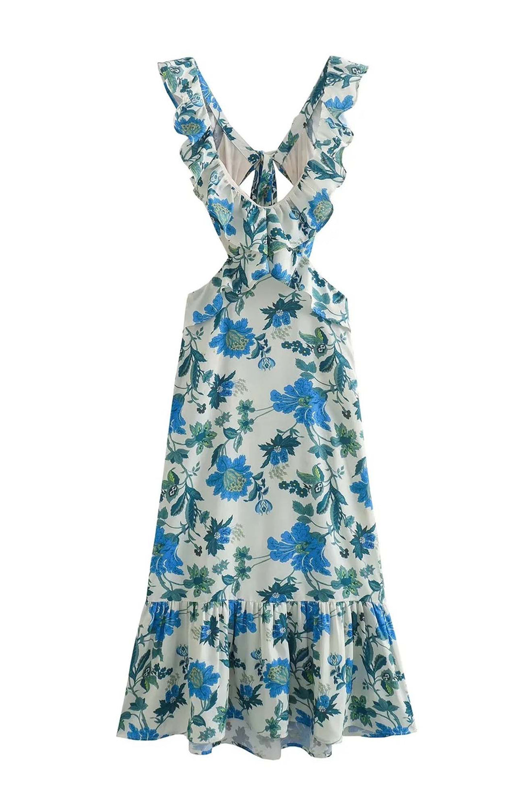 Blue floral V neck maxi dress on white background, ruffle straps and tiered skirt