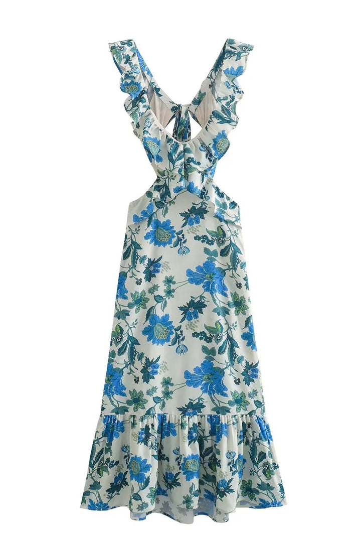 Blue floral V neck maxi dress on white background, ruffle straps and tiered skirt