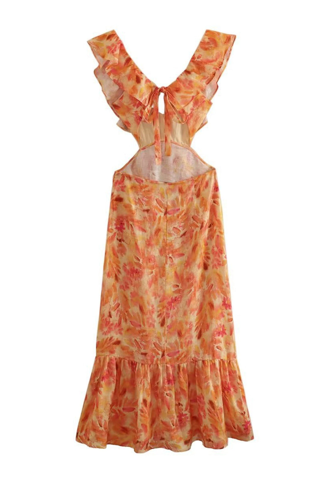 Back of orange floral V neck maxi dress on white background with open back tie detail