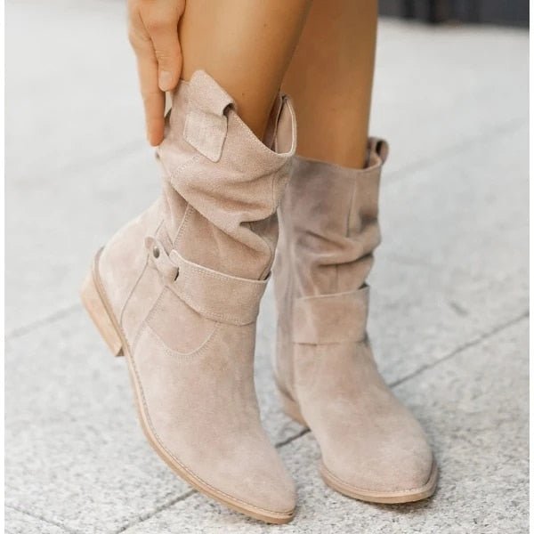 Damen Stiefel mit gerafftem Schaft und flachem Absatz