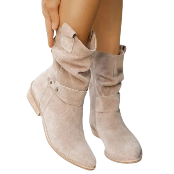 Damen Stiefel mit gerafftem Schaft und flachem Absatz
