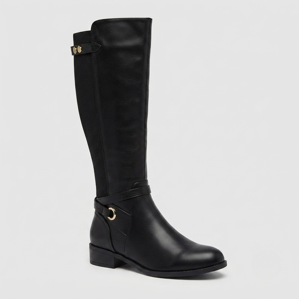 Damen Stiefel mit Rippeneinsatz und goldfarbenem Ring
