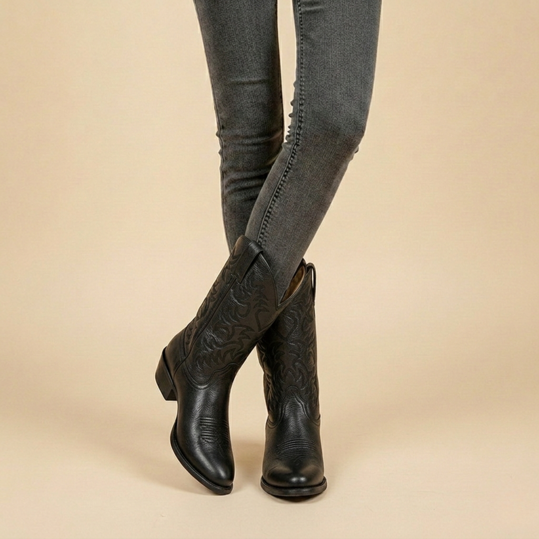 Damen Stiefel mit Westernstickerei und Blockabsatz