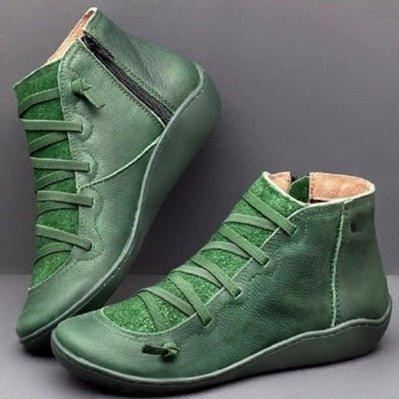 Stiefeletten Damen Kunstleder Schnürung Seitlichem Reißverschluss Knöchelhohe Boots - Grün