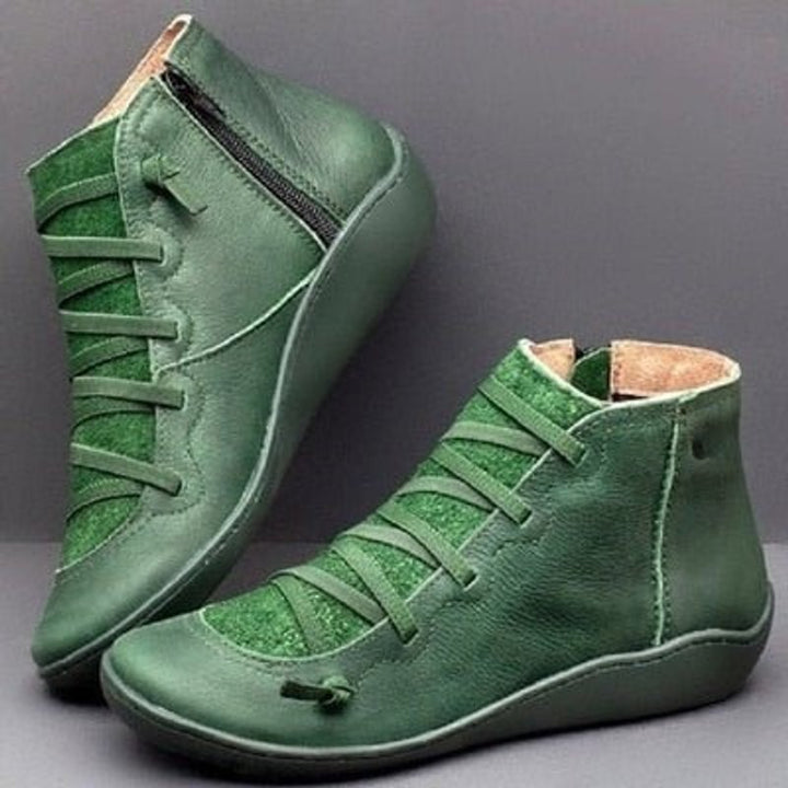Stiefeletten Damen Kunstleder Schnürung Seitlichem Reißverschluss Knöchelhohe Boots - Grün