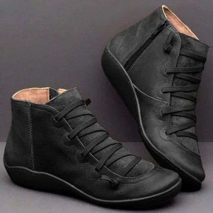 Stiefeletten Damen Kunstleder Schnürung Seitlichem Reißverschluss Knöchelhohe Boots - Schwarz