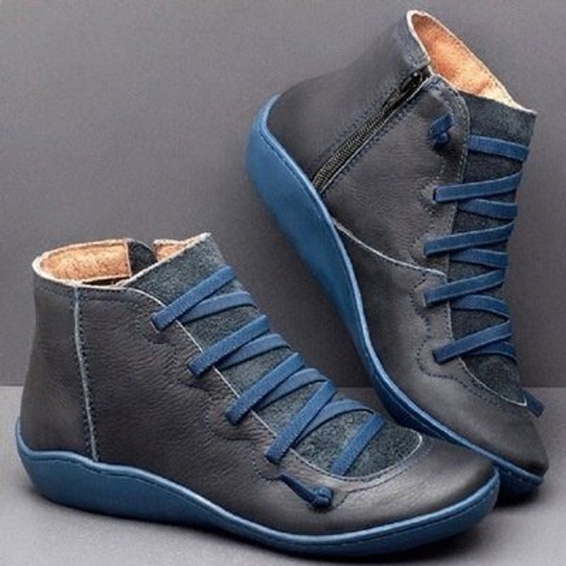 Stiefeletten Damen Kunstleder Schnürung Seitlichem Reißverschluss Knöchelhohe Boots - Blau