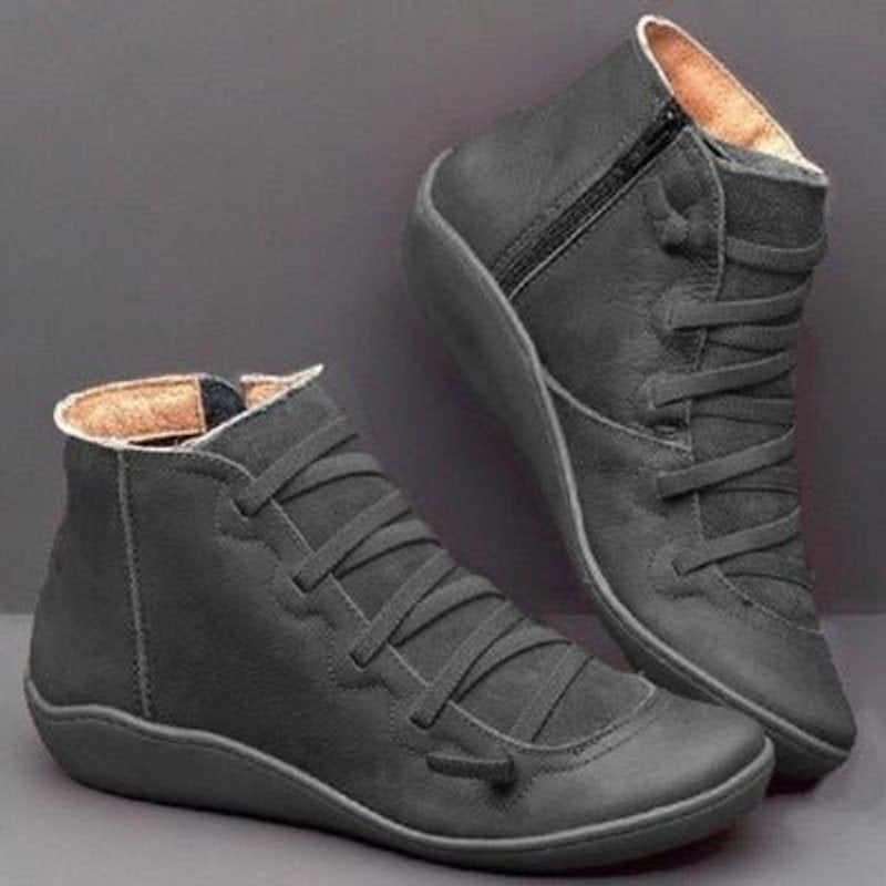 Stiefeletten Damen Kunstleder Schnürung Seitlichem Reißverschluss Knöchelhohe Boots - Grau