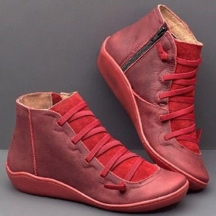 Stiefeletten Damen Kunstleder Schnürung Seitlichem Reißverschluss Knöchelhohe Boots - Rot
