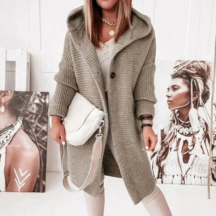 Strickjacke Damen Lang Warm Kapuze Knopfleiste Oversized - Beige