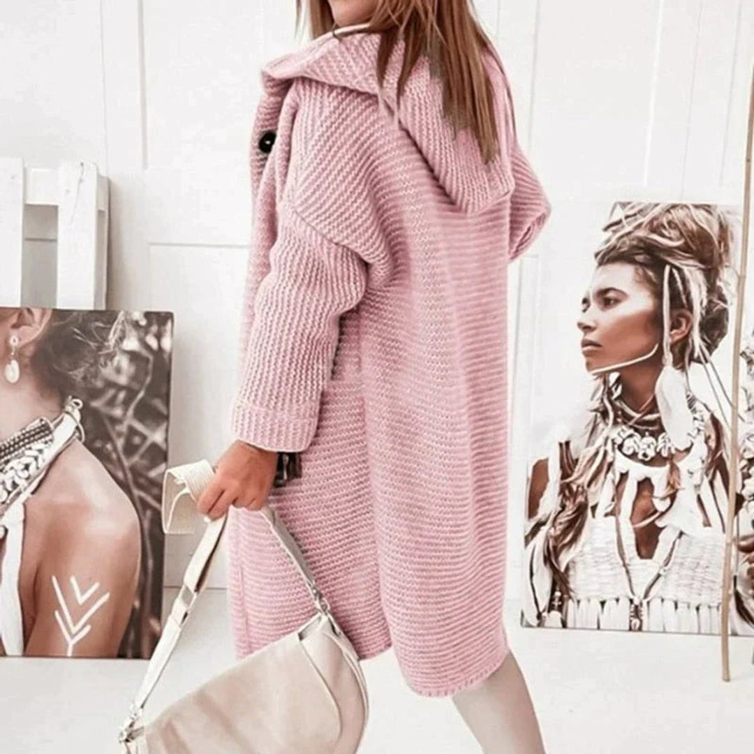 Strickjacke Damen Lang Warm Kapuze Knopfleiste Oversized