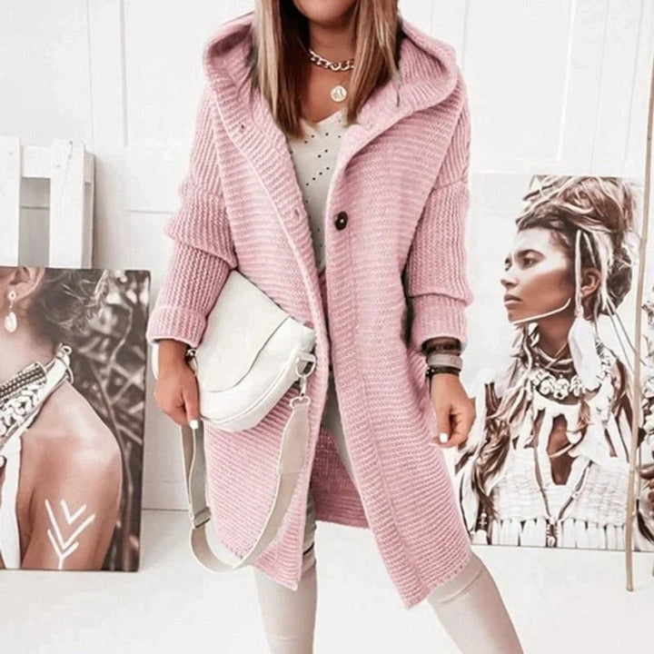 Strickjacke Damen Lang Warm Kapuze Knopfleiste Oversized - Rosa