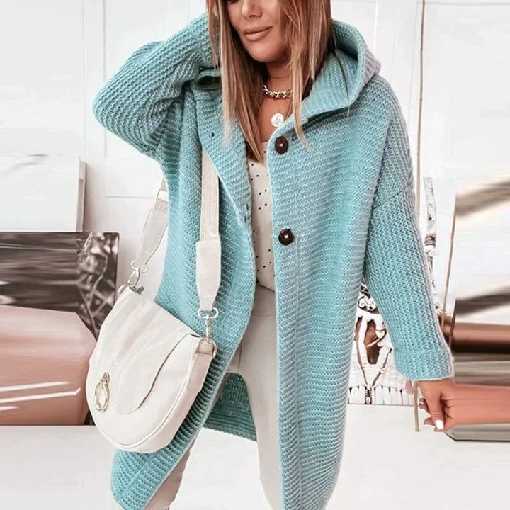 Strickjacke Damen Lang Warm Kapuze Knopfleiste Oversized - Blau