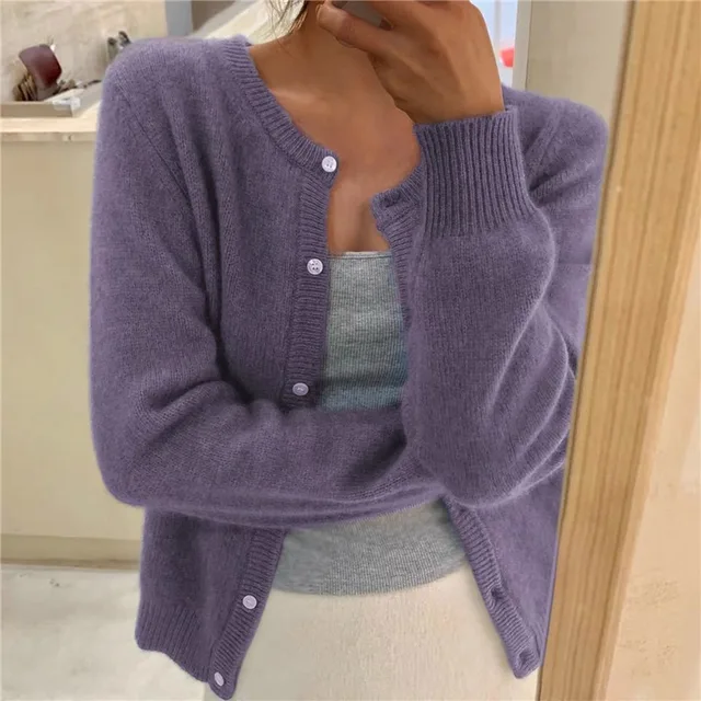 Damen Strickjacke mit Rundhals und Knopfleiste