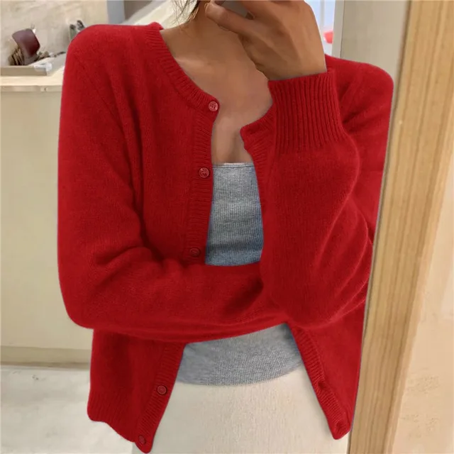Damen Strickjacke mit Rundhals und Knopfleiste