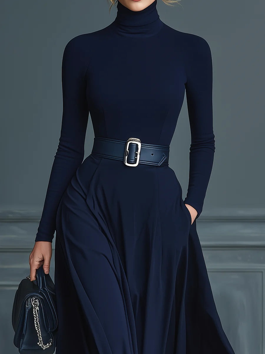 Damen Strickkleid in Dunkelblau mit weitem Rock