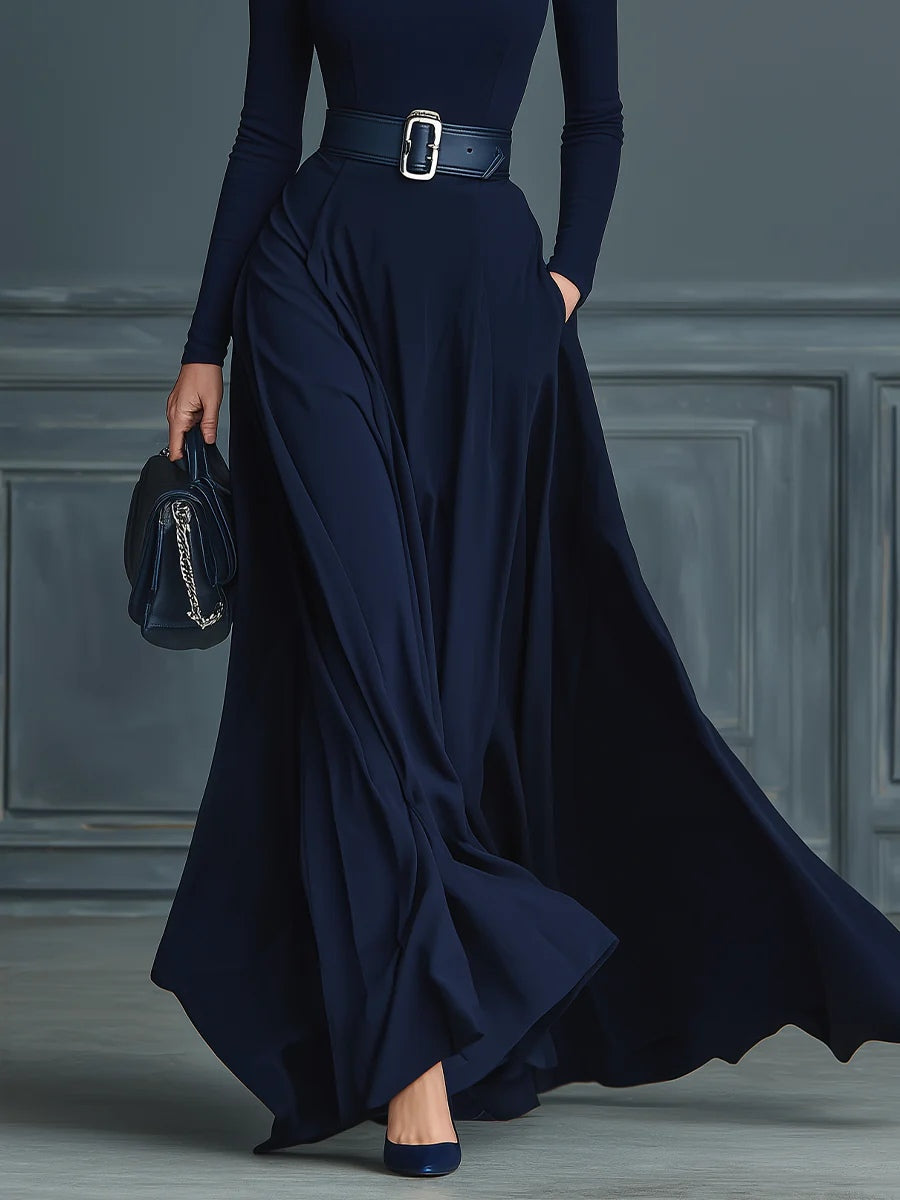 Damen Strickkleid in Dunkelblau mit weitem Rock