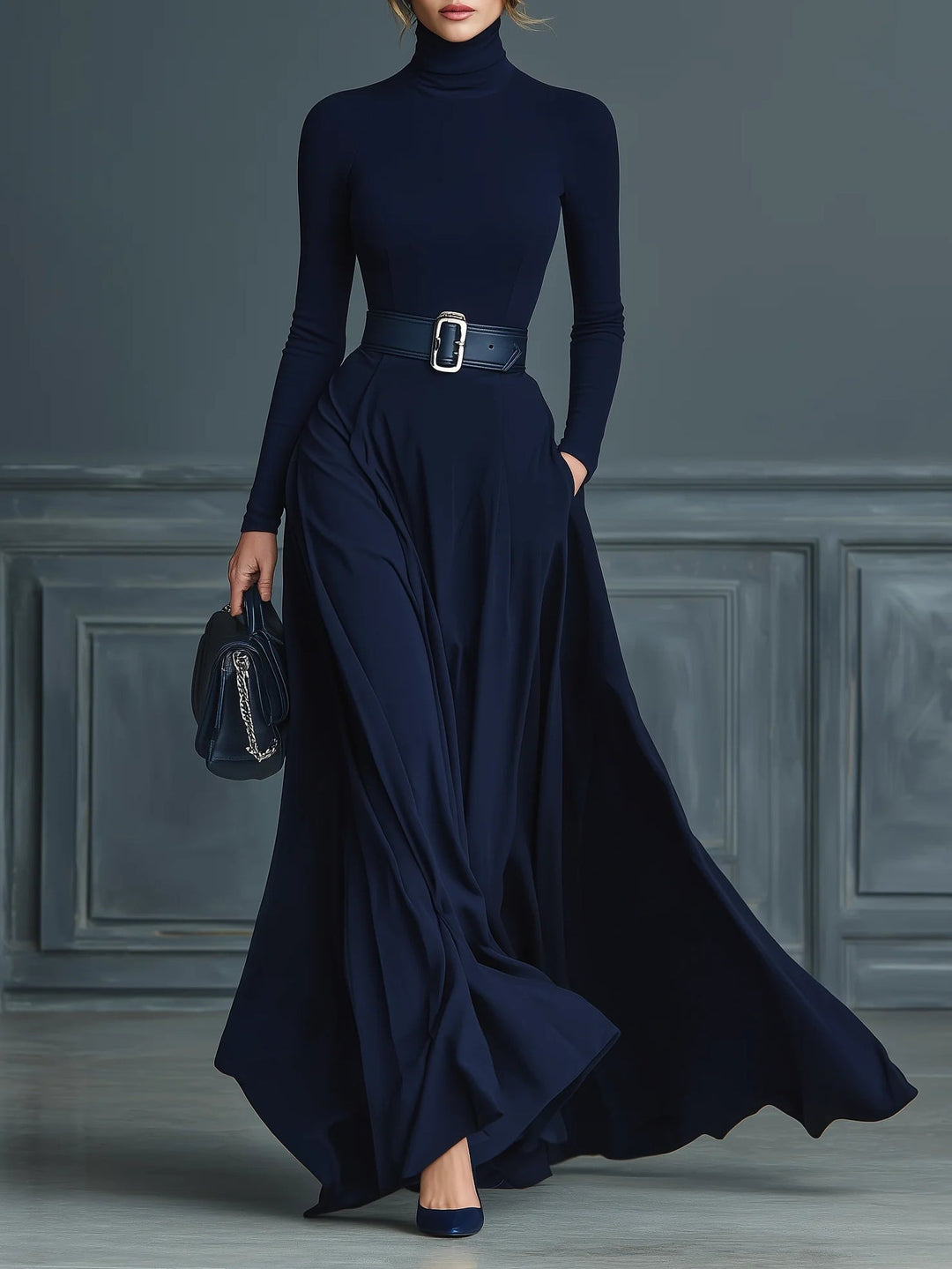 Damen Strickkleid in Dunkelblau mit weitem Rock