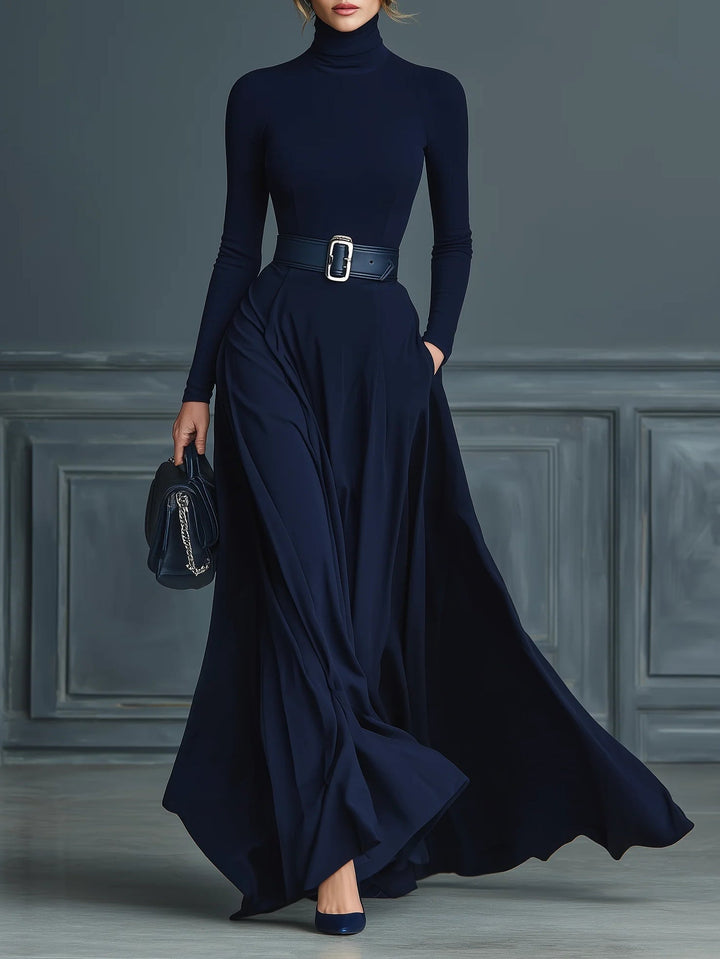 Damen Strickkleid in Dunkelblau mit weitem Rock
