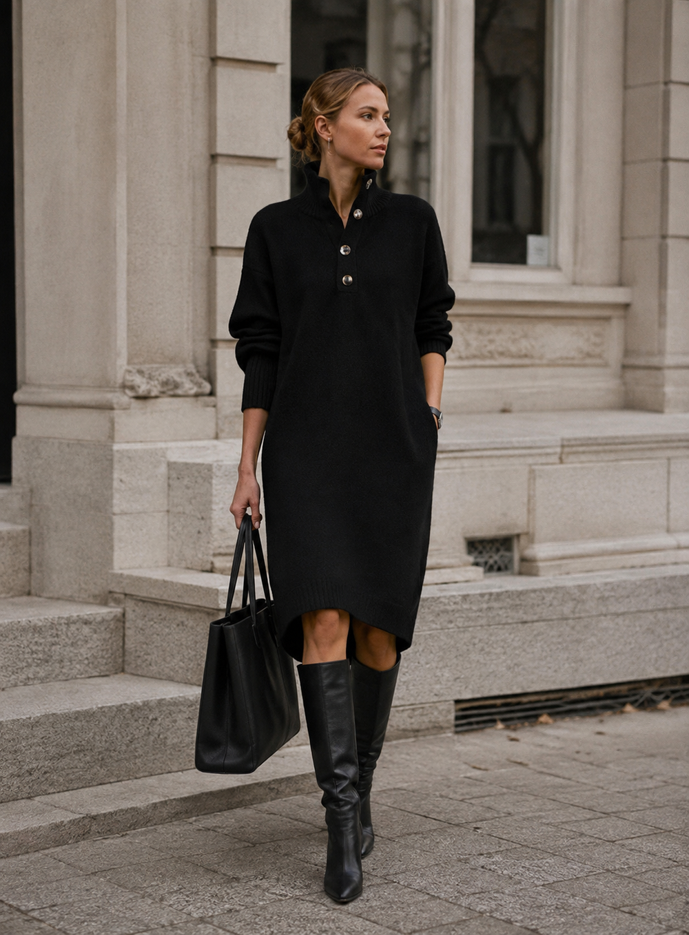 Damen Strickkleid mit hohem Kragen und Knopfleiste